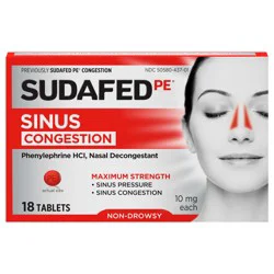 Sudafed PE Sinus Congestion Maximum Strength Non-Drowsy Decongestant Tablets with 10 mg Phenylephrine HCl, Medicine Helps Relieve Sinus & Nasal Congestion & Sinus Pressure, 18 ct