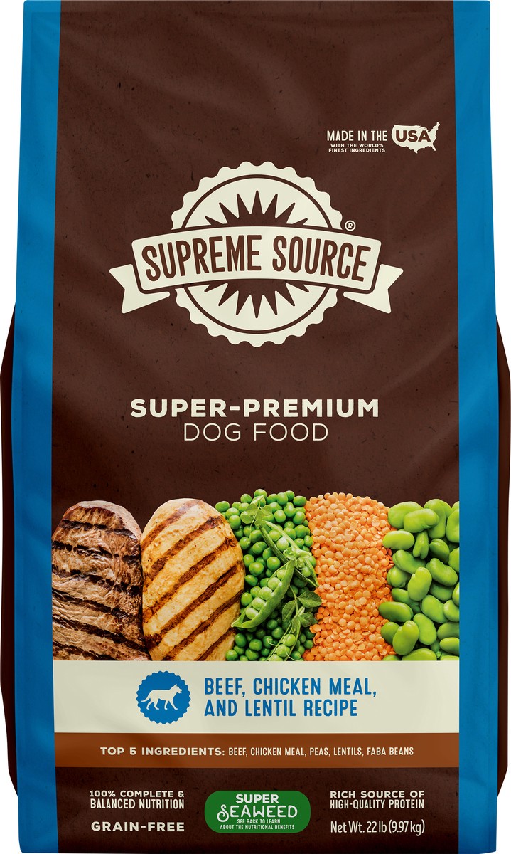 slide 2 of 5, Supreme Source Grain-Free Beef, Chicken Meal, and Lentil Recipe Dog Food 22 lb, 22 lb