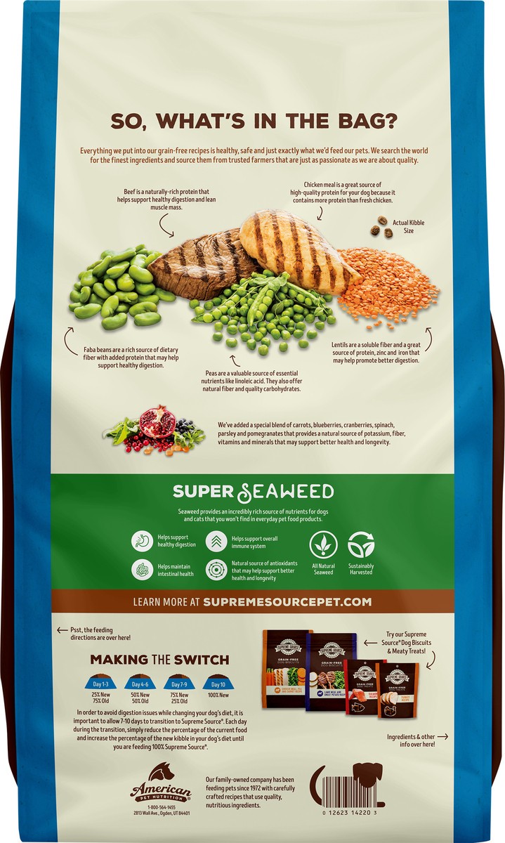 slide 5 of 5, Supreme Source Grain-Free Beef, Chicken Meal, and Lentil Recipe Dog Food 22 lb, 22 lb