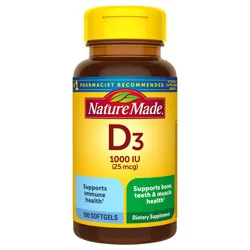 Nature Made Vitamin D3 1000 IU (25 mcg), Vitamin D Supplement for Bone, Teeth, Muscle and Immune Health Support, 100 Softgels, 100 Day Supply