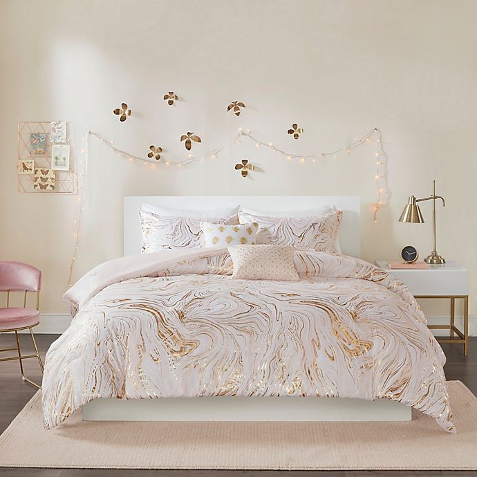 slide 1 of 11, Intelligent Design Rebecca Metallic Printed Full/Queen Comforter Set - Blush/Gold, 5 ct