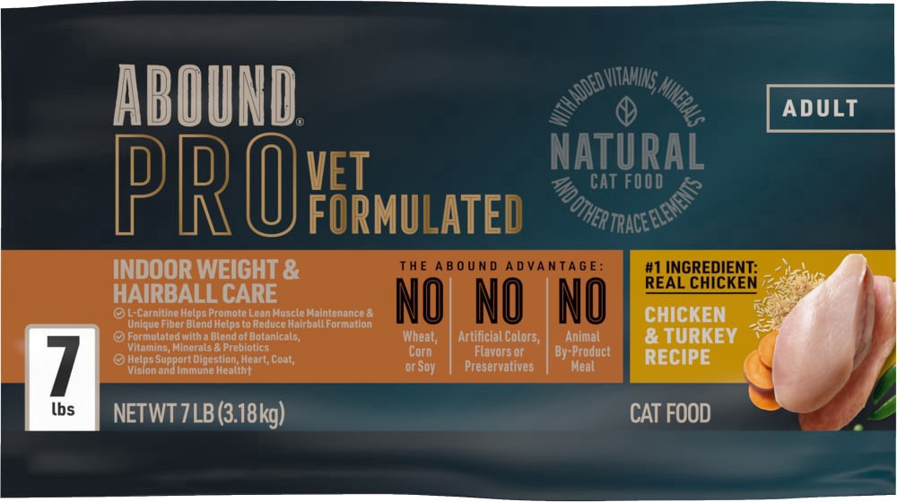 slide 5 of 5, Abound Pro + Indoor Weight * Hairball Care (Chicken&Turkey) Dry Cat Food, 7 lb