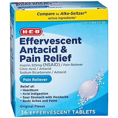 slide 1 of 1, H-E-B Antacid and Pain Relief Original Flavor Effervescent Tablets, 36 ct