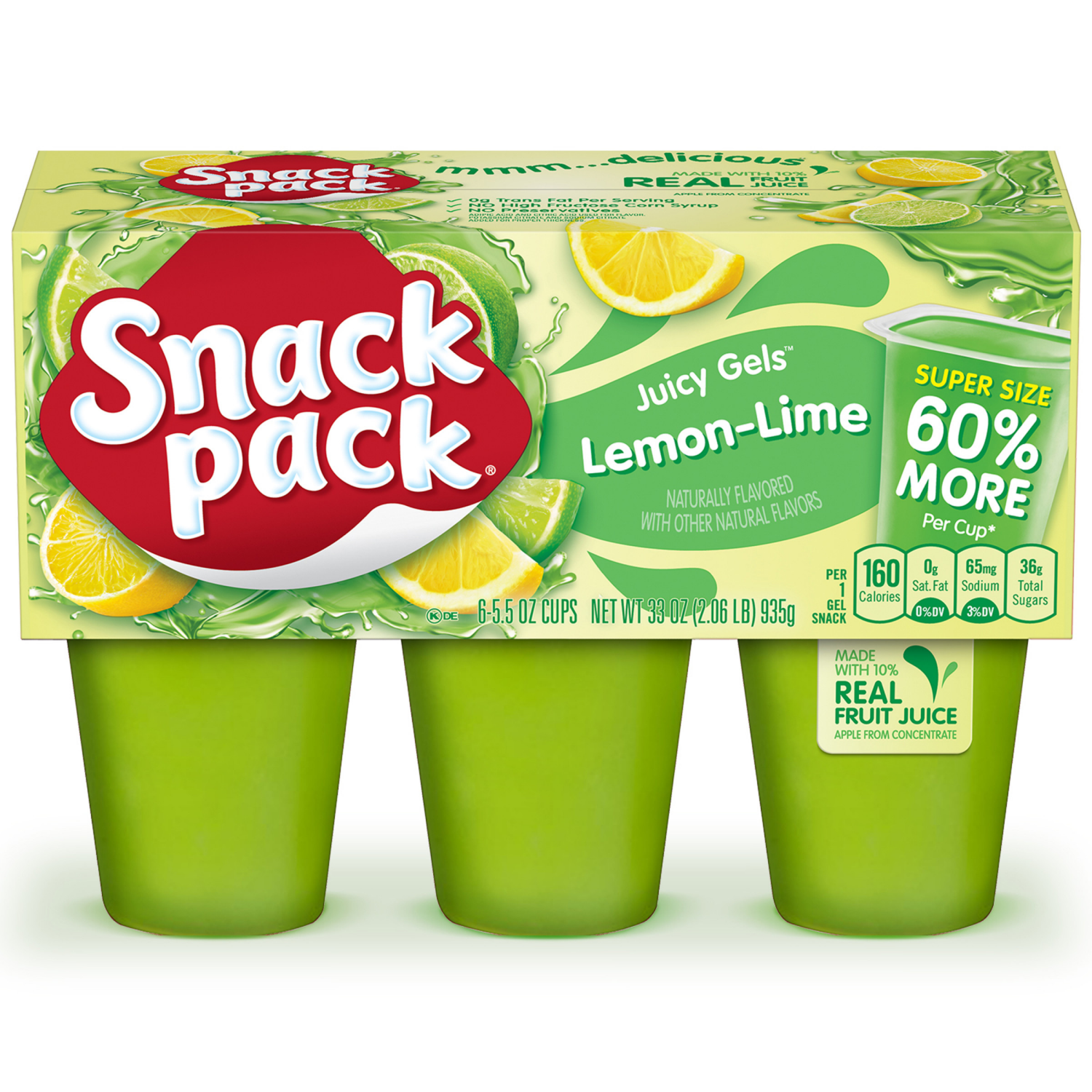 slide 1 of 7, Snack Pack Lemon Lime Flavored Juicy Gels, 6 Count Snack Cups, 6 ct