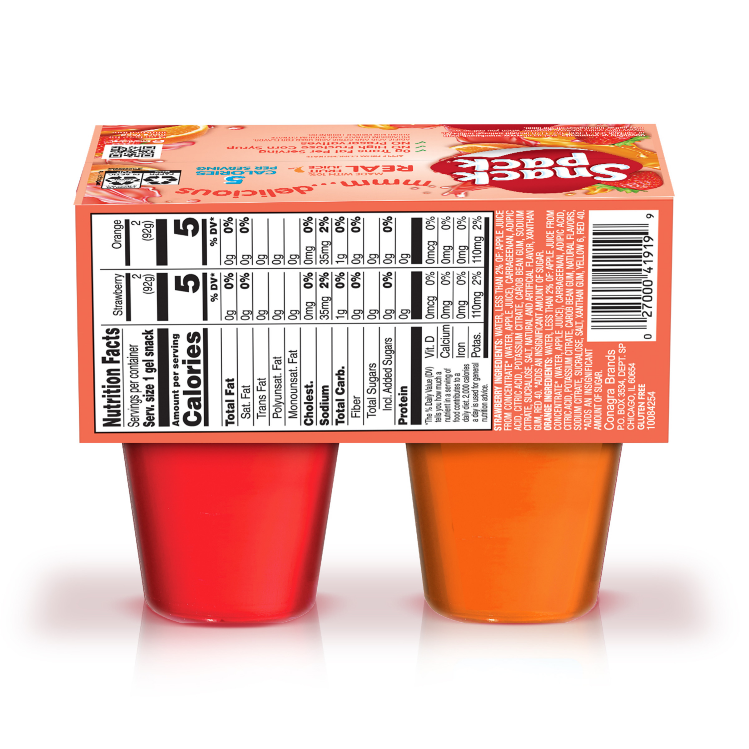 slide 2 of 8, Snack Pack Zero Sugar Strawberry and Orange Flavored Juicy Gels, 3.25 oz Snack Cups, 4 Count, 4 ct