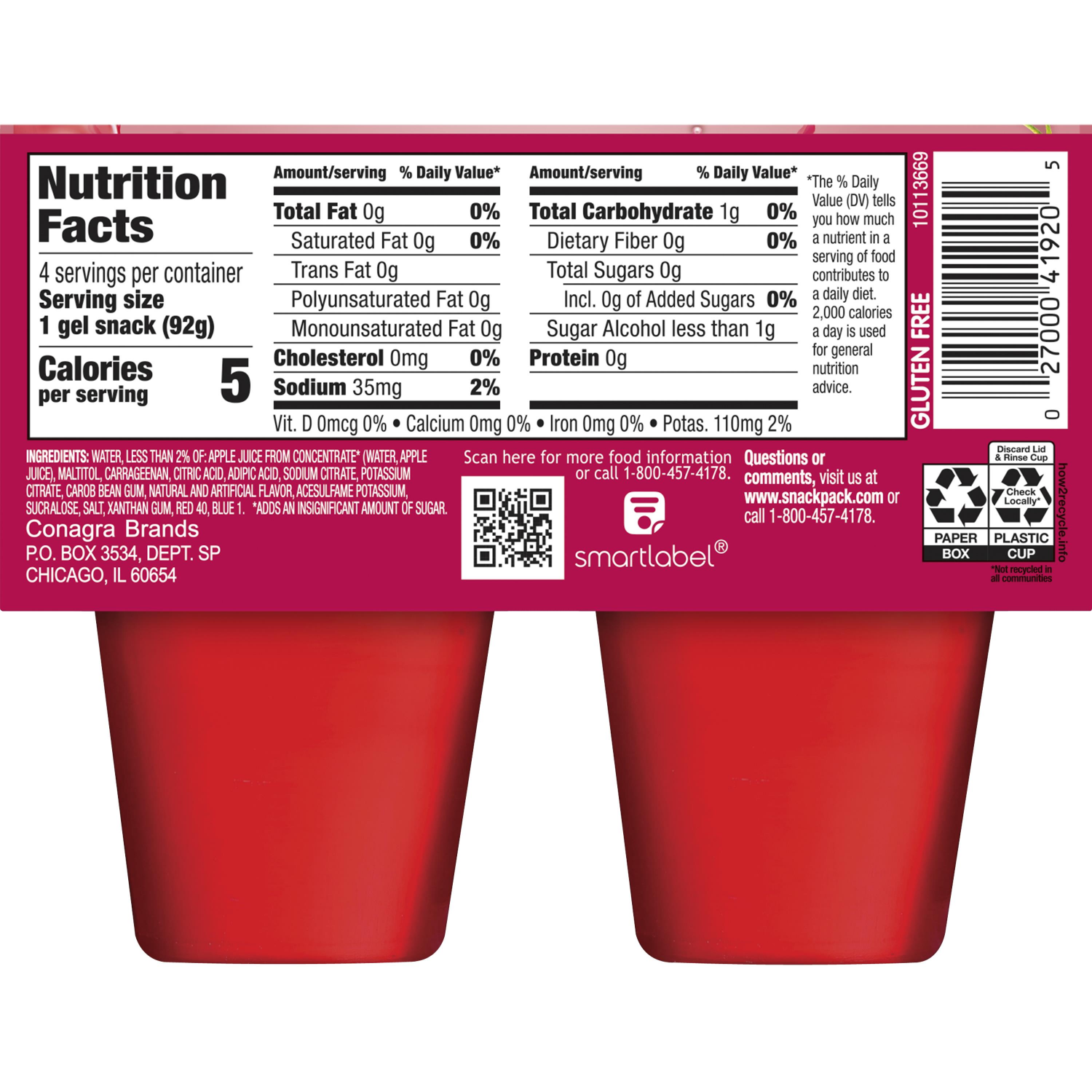 slide 2 of 8, Snack Pack Sugar Free Cherry Flavored Juicy Gels, 3.25 oz Snack Cups, 4 Count, 4 ct