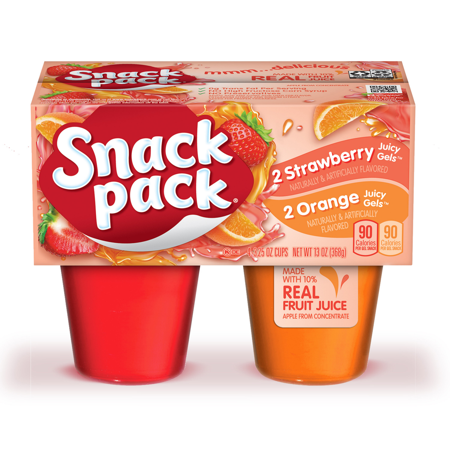 slide 1 of 7, Snack Pack Strawberry and Orange Flavored Juicy Gels, 3.25 oz Snack Cups, 4 Count, 12 Pack, 4 ct