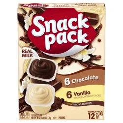 Snack Pack Chocolate Pudding and Vanilla Pudding, 3.25 oz Pudding Cups, 12 Count Family Pack, 6 Pack