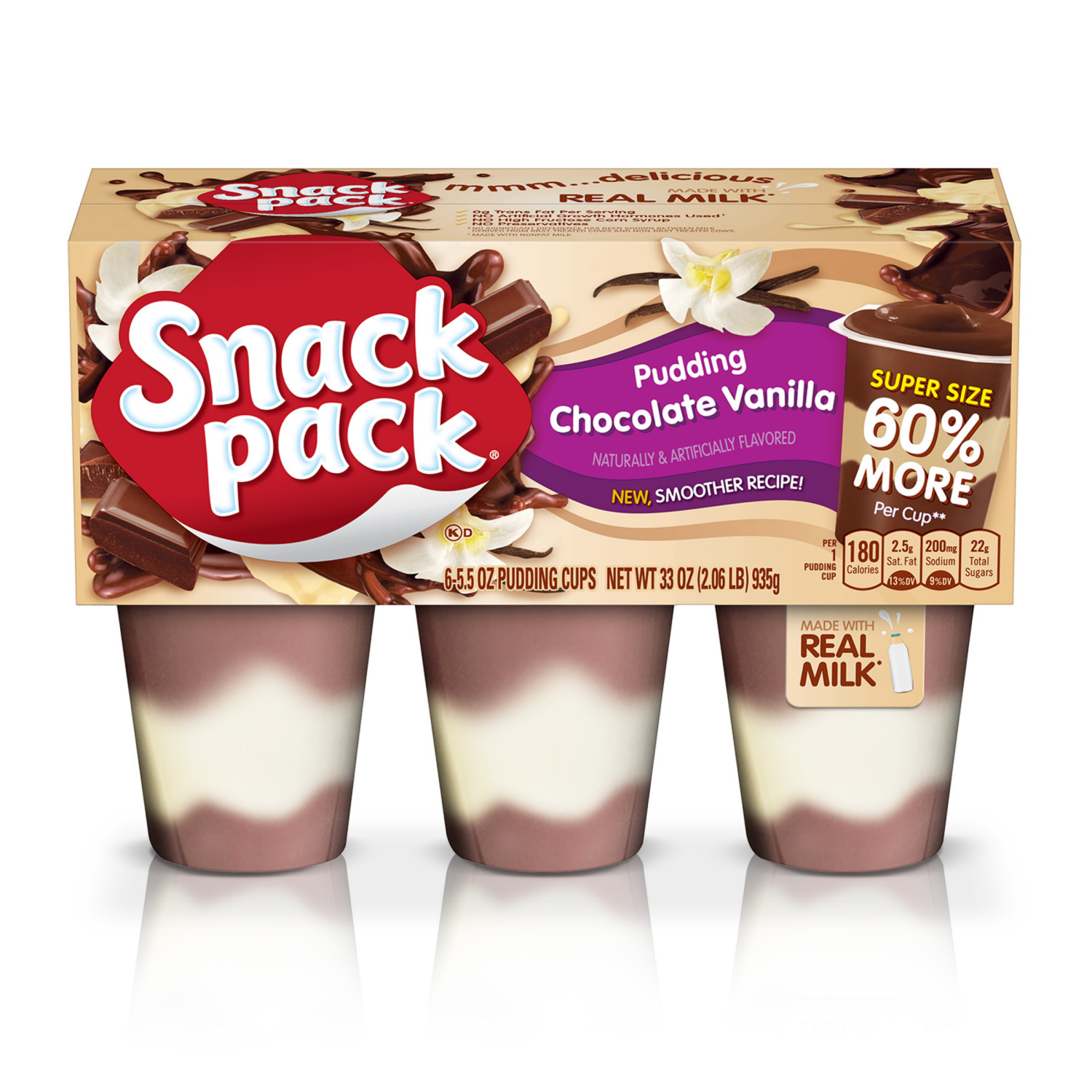 slide 1 of 5, Snack Pack Super Size Chocolate Vanilla Flavored Pudding, 5.5 oz Pudding Cups, 6 Count, 6 ct