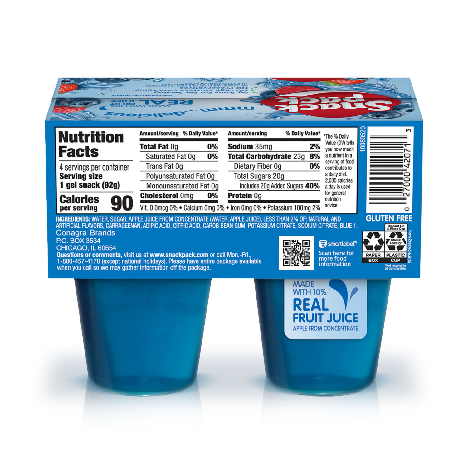 slide 2 of 8, Snack Pack Berry Blue Flavored Juicy Gels, 3.25 oz Snack Cups, 4 Count, 12 Pack, 4 ct