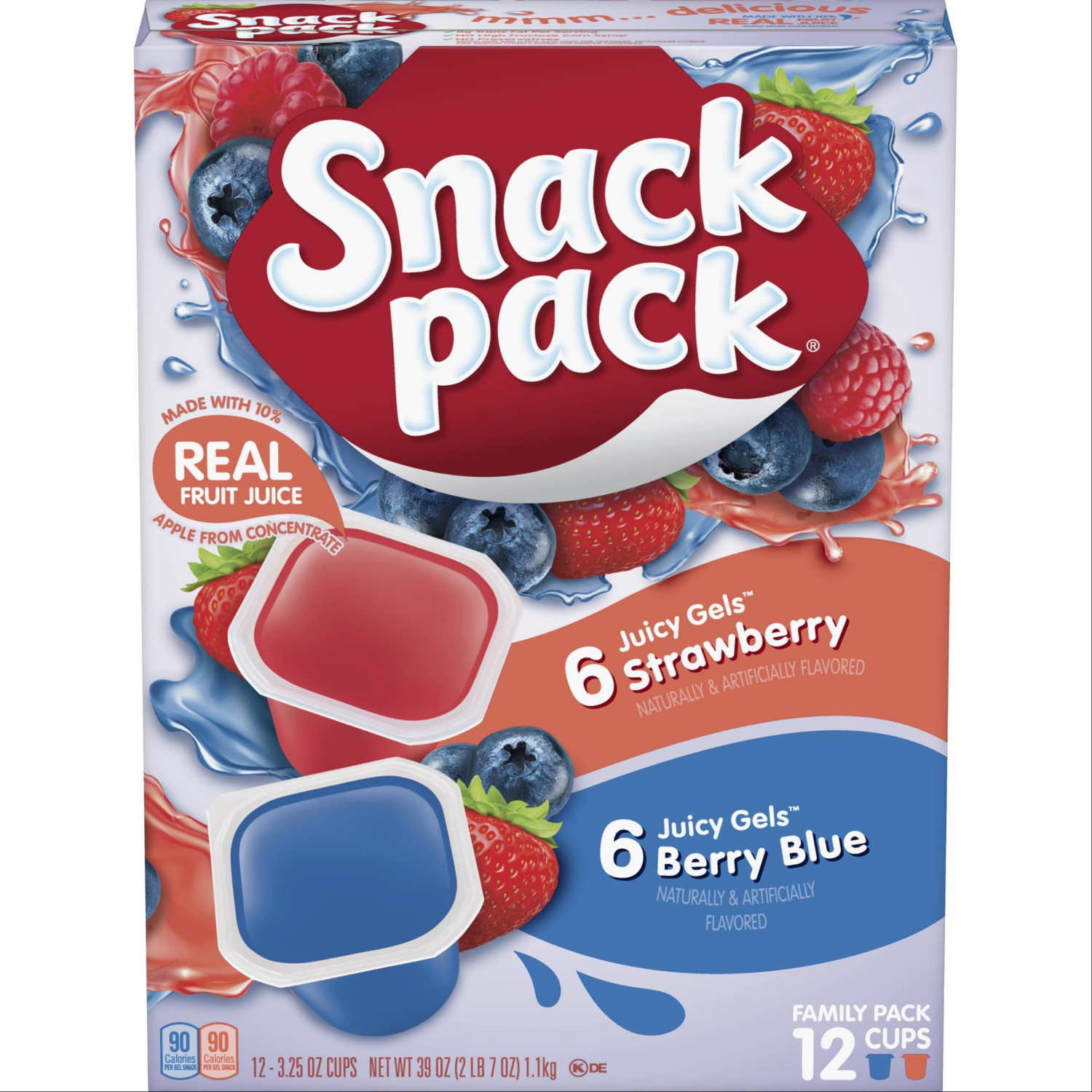 slide 1 of 8, Snack Pack Strawberry Flavored and Berry Blue Flavored Juicy Gels, 3.25 oz Snack Cups, 12 Count Family Pack, 12 ct