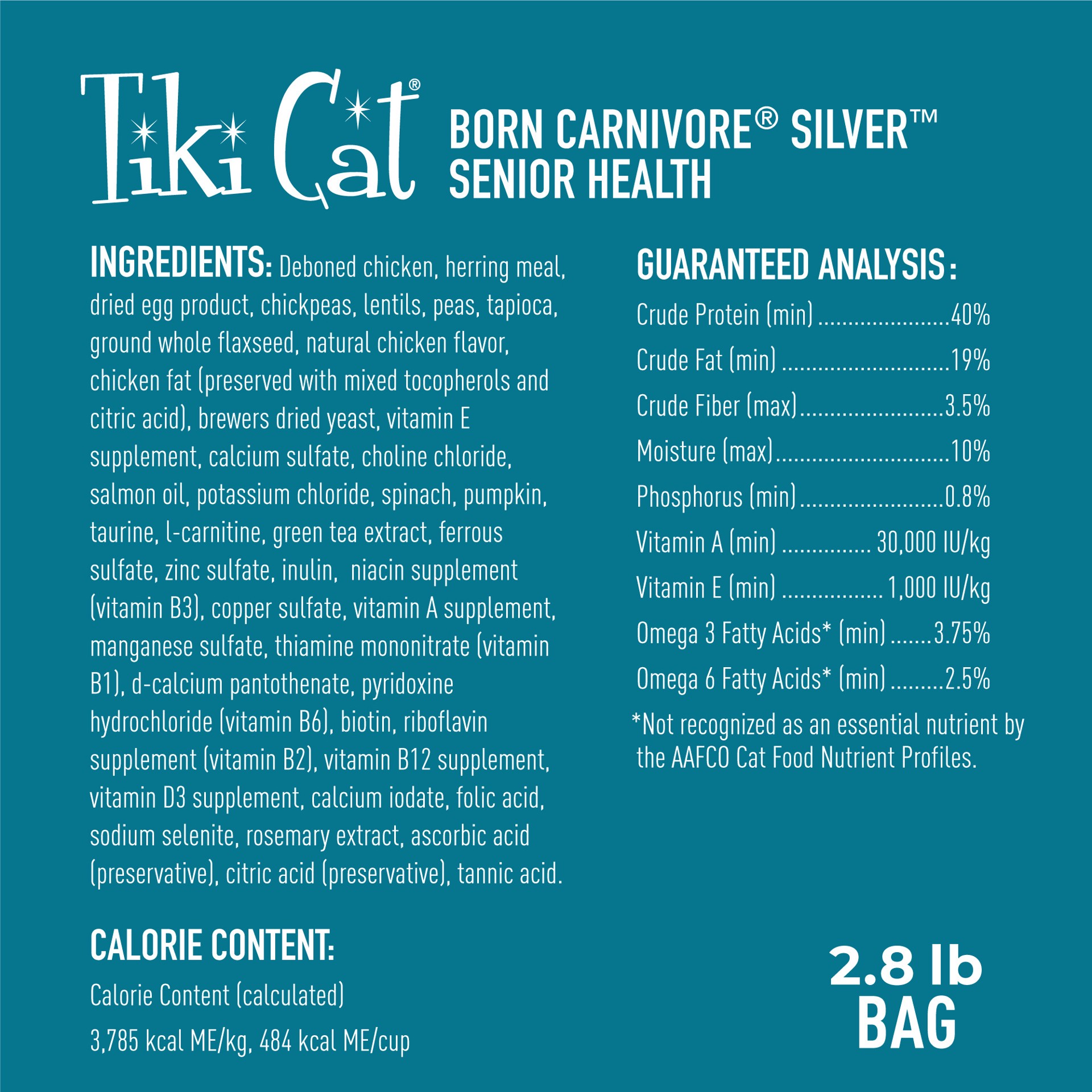 slide 4 of 6, Tiki Cat Born Carnivore Silver Senior Health Dry Cat Food for Senior Cats, Chicken & Herring Meal, 2.8 lbs. Bag, 2.8 lb