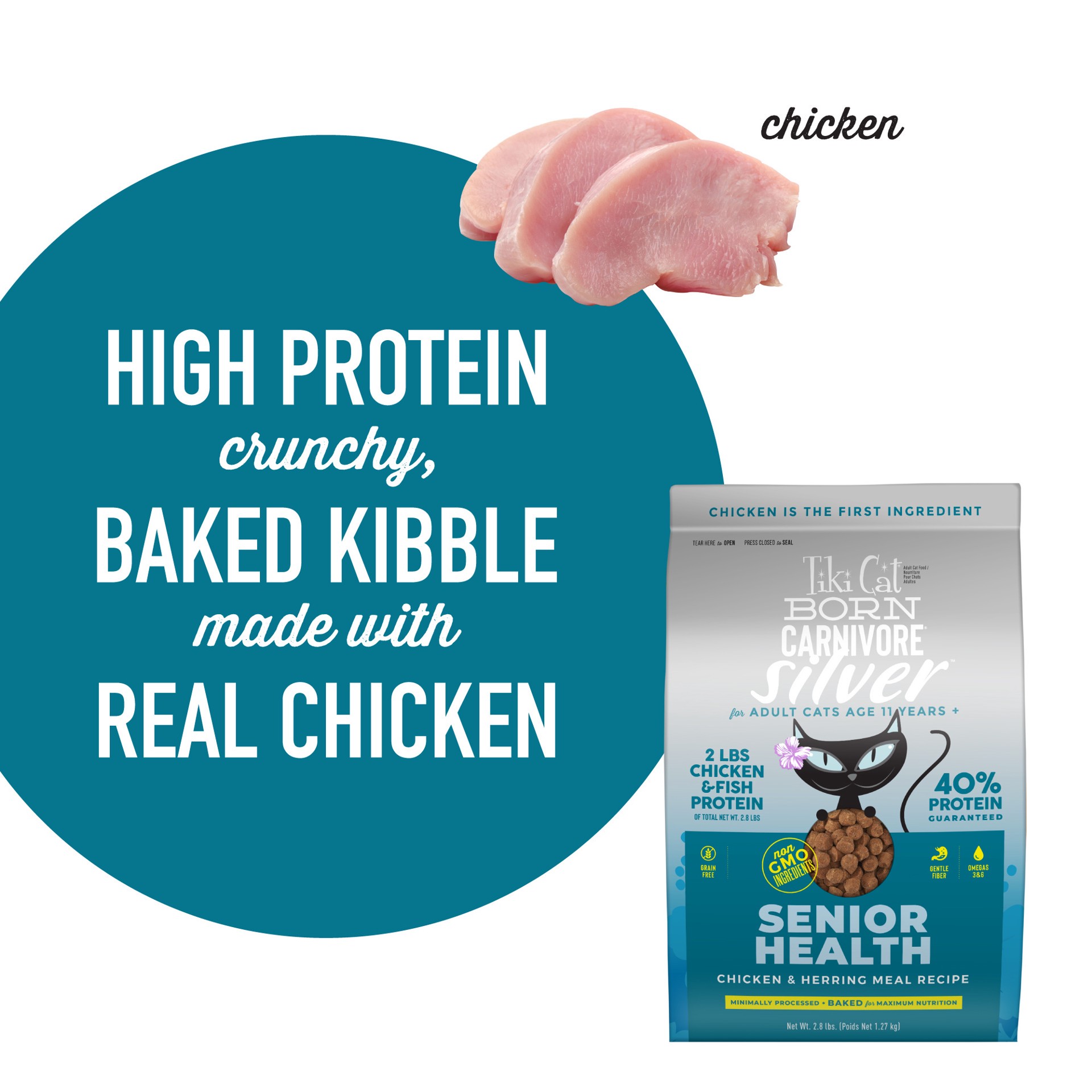 slide 2 of 6, Tiki Cat Born Carnivore Silver Senior Health Dry Cat Food for Senior Cats, Chicken & Herring Meal, 2.8 lbs. Bag, 2.8 lb