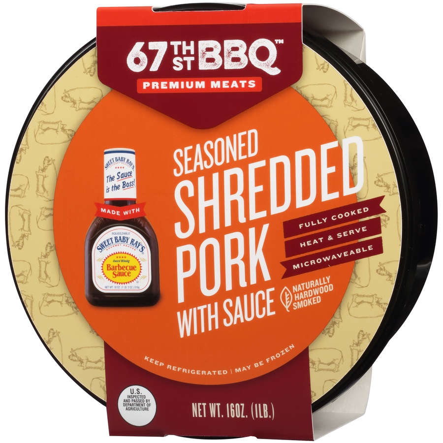 slide 3 of 8, 67th Street BBQ Seasoned Shredded Pork with Sauce, 16 oz