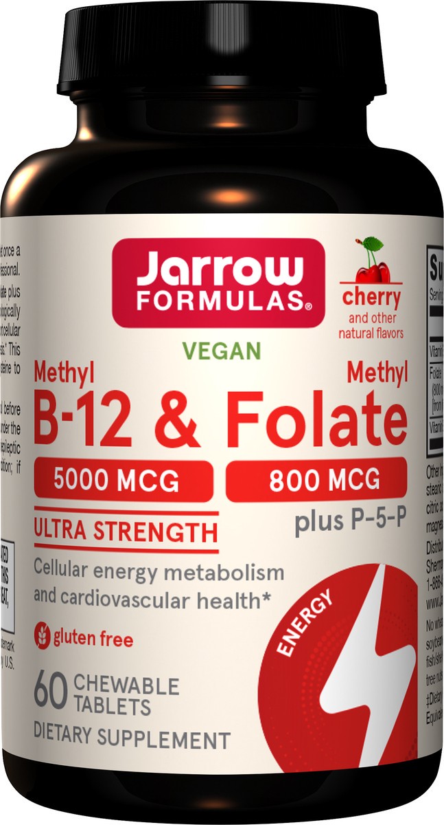 slide 3 of 4, Jarrow Formulas Ultra Strength Methyl B-12 5000 mcg & Methyl Folate 800 mcg + P-5-P, Dietary Supplement for Cellular Energy Metabolism and Cardiovascular Support, 60 Chewable Tablets, 60 Day Supply, 60 ct