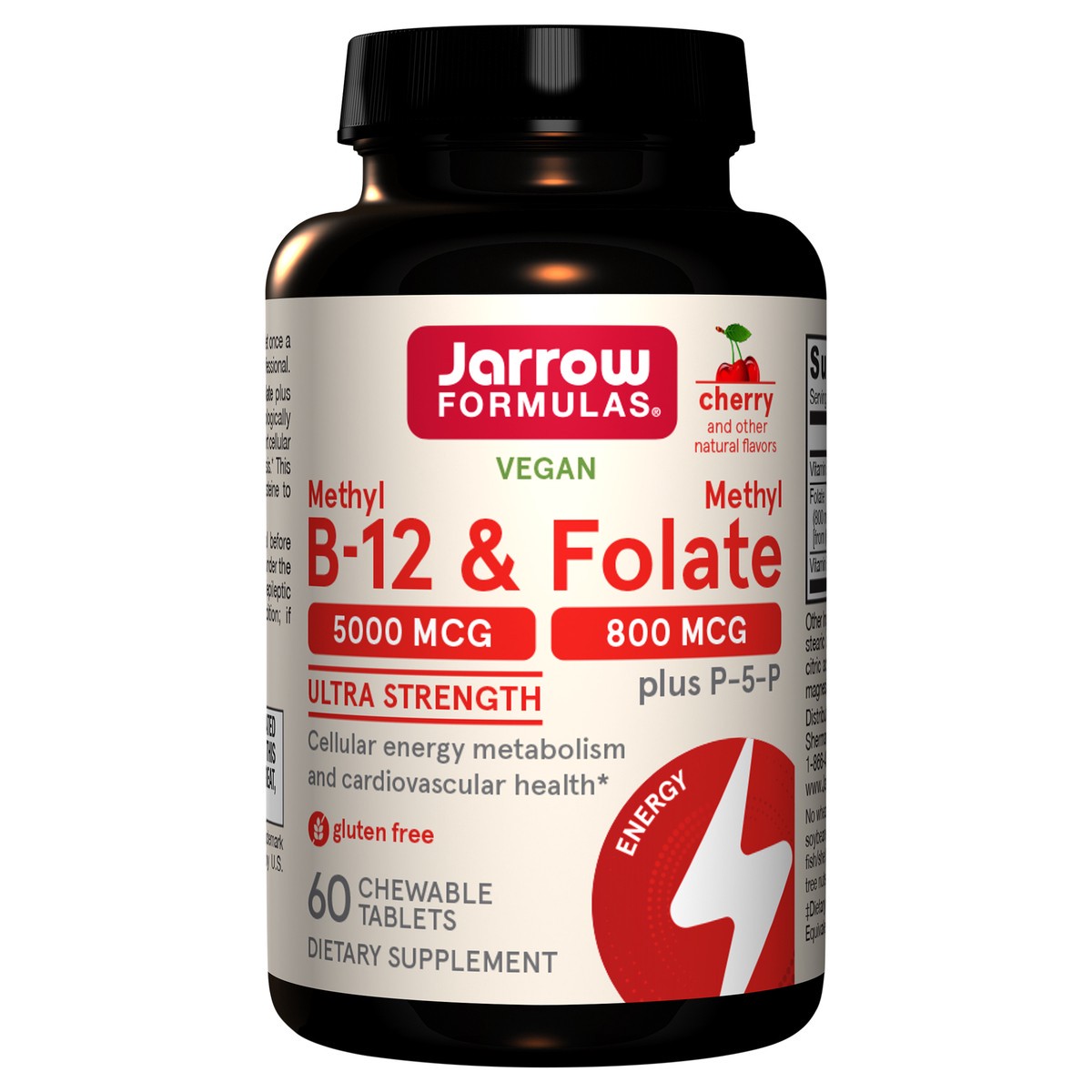 slide 2 of 4, Jarrow Formulas Ultra Strength Methyl B-12 5000 mcg & Methyl Folate 800 mcg + P-5-P, Dietary Supplement for Cellular Energy Metabolism and Cardiovascular Support, 60 Chewable Tablets, 60 Day Supply, 60 ct