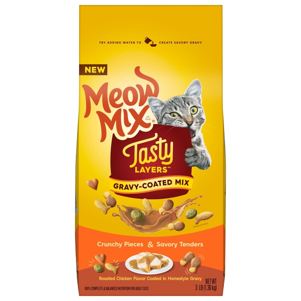 slide 1 of 1, Meow Mix Tasty Layers Roasted Chicken And Homestyle Gravy Flavor Dry Cat Food, 3 lb