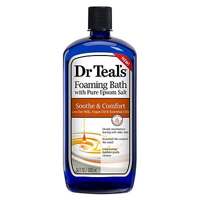 slide 1 of 1, Dr. Teal's Soothe & Comfort Pure Epsom Salt Foaming Bath with Oat Milk, Argan Oil & Essential Oils, 34 oz