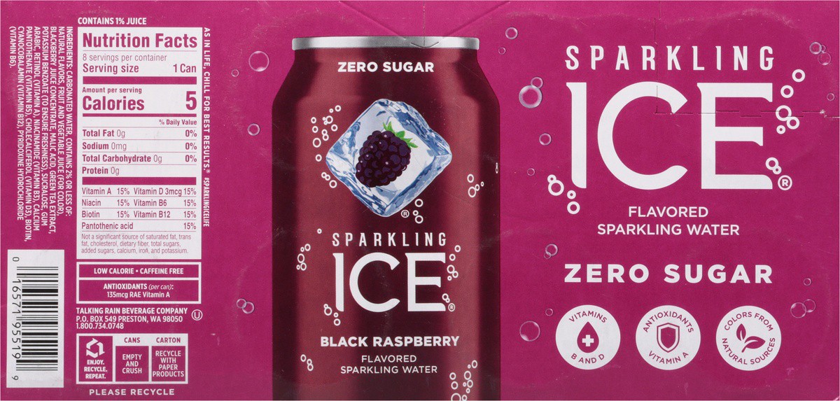 slide 3 of 9, Sparkling ICE Zero Sugar Black Raspberry Flavored Sparkling Water 8 - 12 fl oz Cans, 8 ct