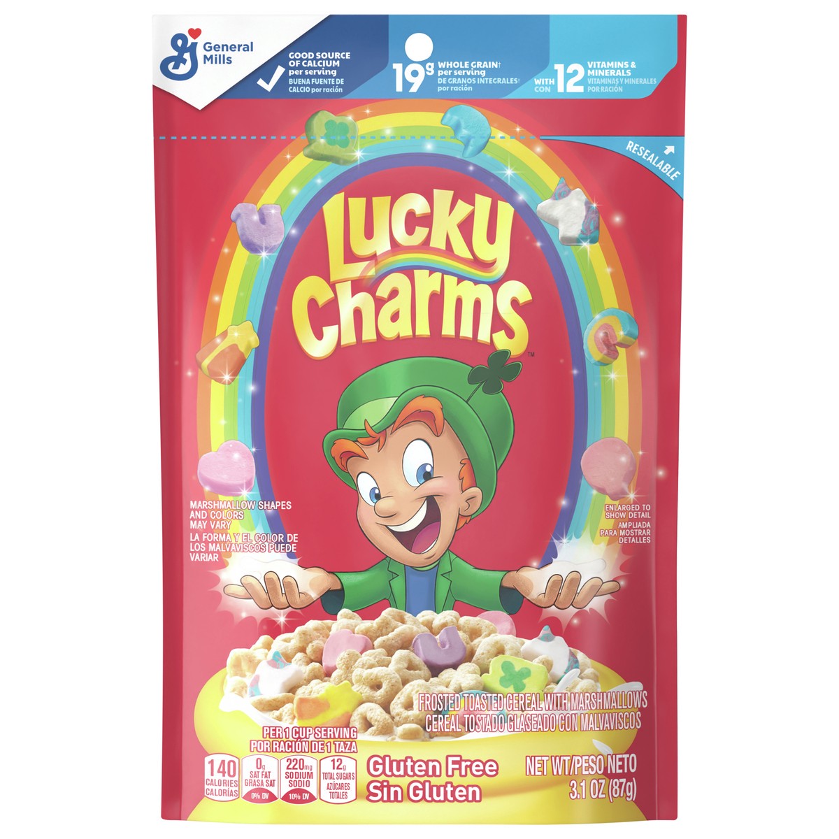 slide 1 of 1, Lucky Charms Gluten Free Cereal with Marshmallows, Kids Breakfast Cereal, Made with Whole Grain, Resealable Cereal Pouch, 3.1 oz, 1 ct