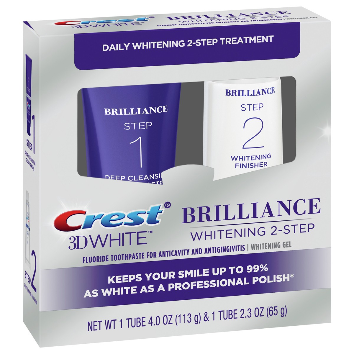 slide 5 of 5, Crest 3D White Brilliance + Whitening Two-step Toothpaste, 4.0 oz and 2.3 oz, 2 ct