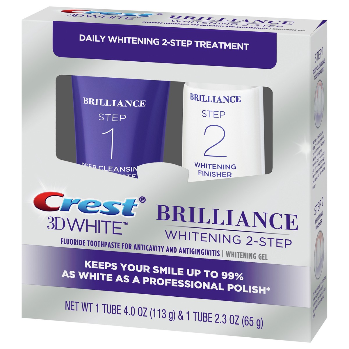 slide 3 of 5, Crest 3D White Brilliance + Whitening Two-step Toothpaste, 4.0 oz and 2.3 oz, 2 ct