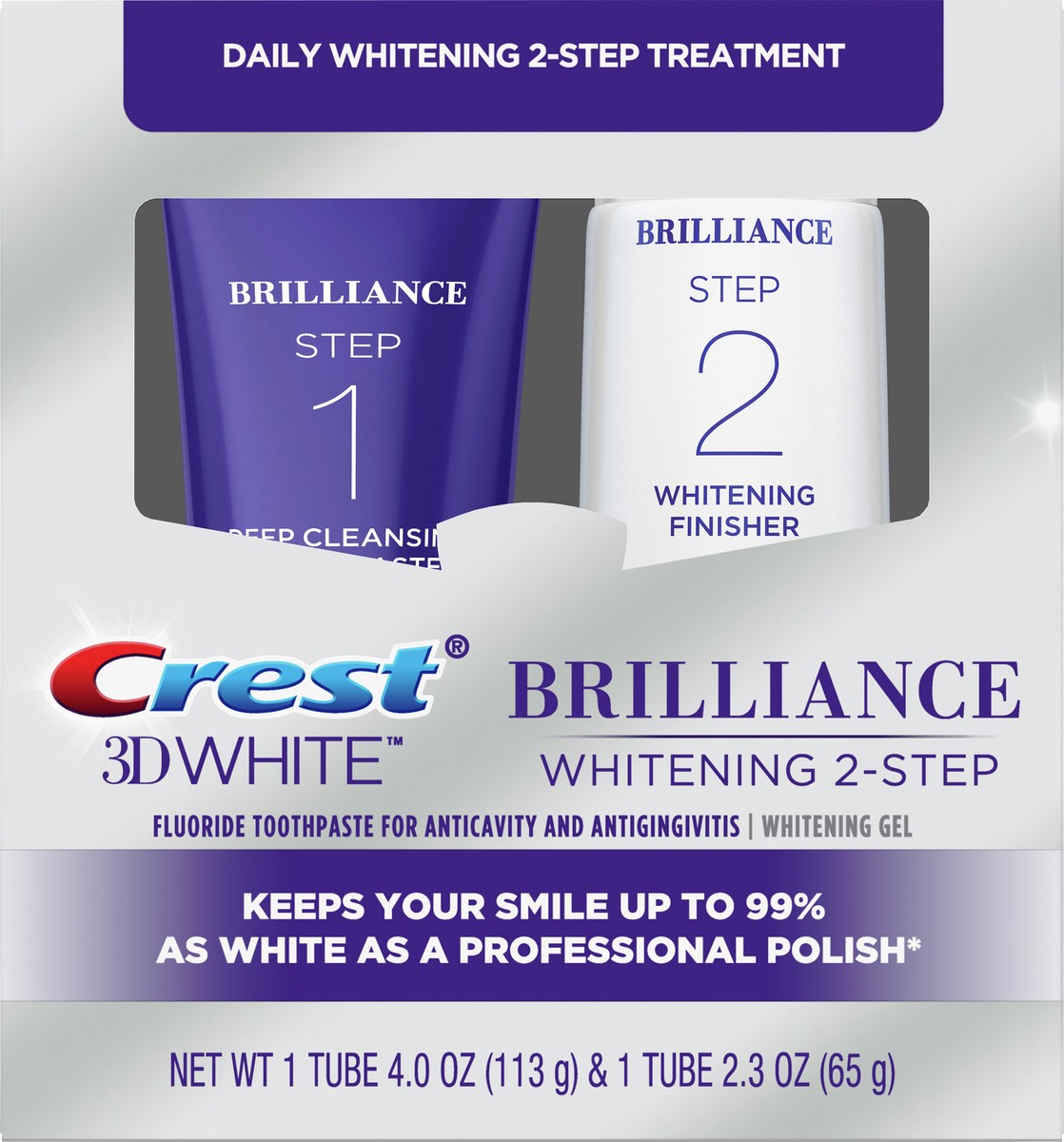 slide 4 of 5, Crest 3D White Brilliance + Whitening Two-step Toothpaste, 4.0 oz and 2.3 oz, 2 ct