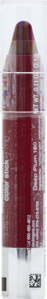 slide 8 of 9, Neutrogena MoistureSmooth Color Stick for Lips, Moisturizing and Conditioning Lipstick with a Balm-Like Formula, Nourishing Shea Butter and Fruit Extracts, 180 Deep Plum,.011 oz, 0.11 oz