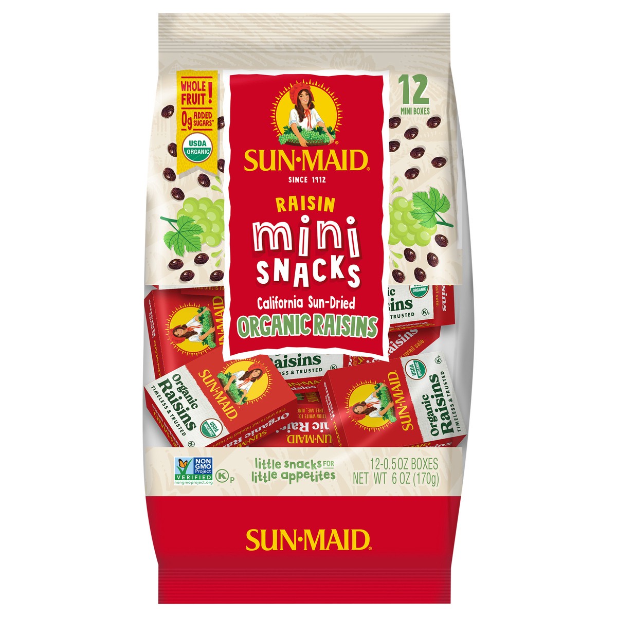 slide 1 of 5, Sun-Maid Mini-Snacks® California Organic Raisins 12-Count Bag/.5oz Cartons, 6 oz