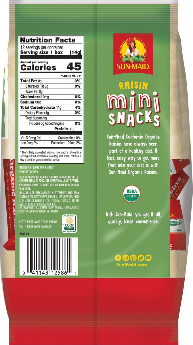 slide 3 of 5, Sun-Maid Mini-Snacks California Organic Raisins 12-Count Bag/.5oz Cartons, 12 ct