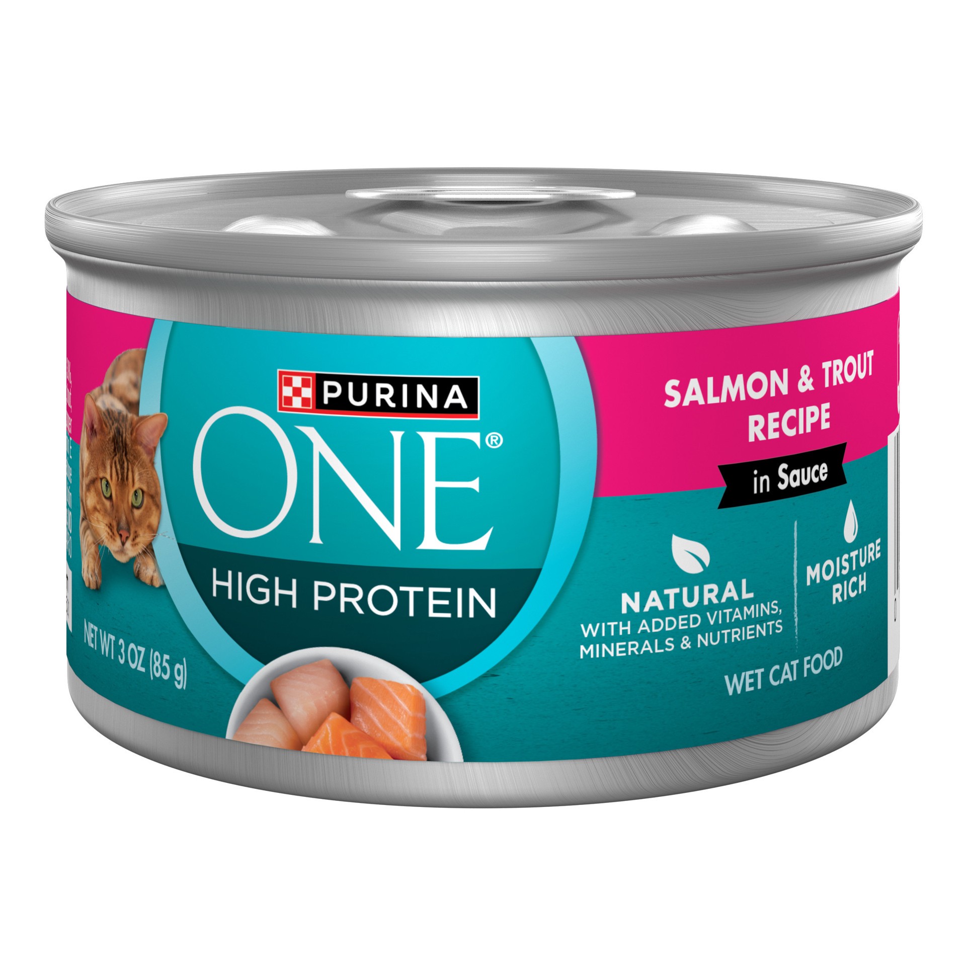 slide 1 of 8, ONE Purina ONE Natural, High Protein Cat Food, Salmon and Trout Recipe in Sauce, 3 oz