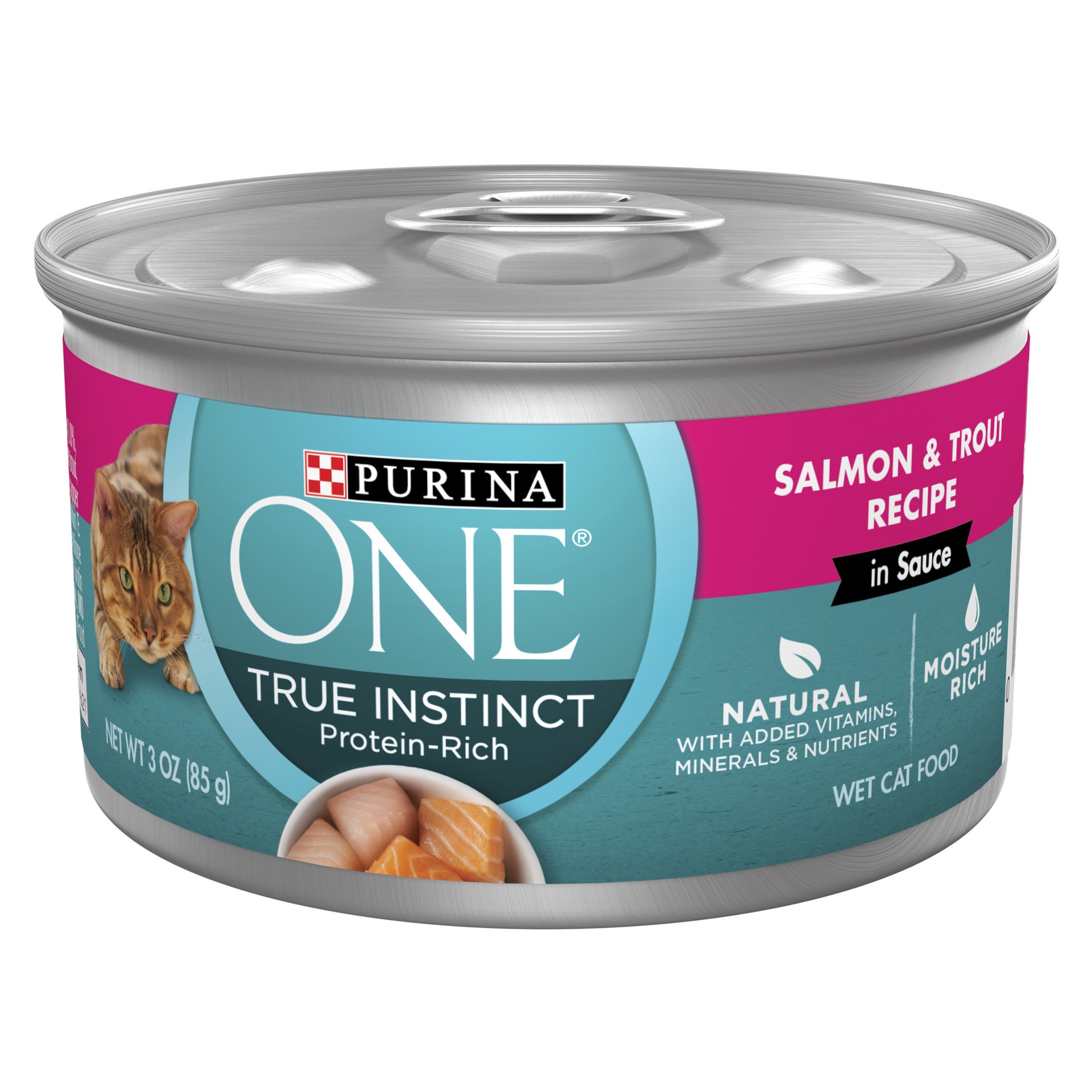 slide 1 of 8, ONE Purina ONE Natural, High Protein Cat Food, True Instinct Salmon and Trout Recipe in Sauce, 3 oz