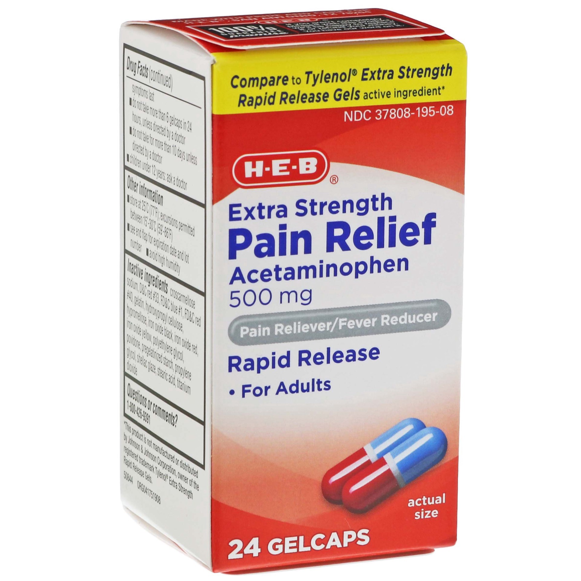 slide 1 of 1, H-E-B Extra Strength Pain Relief Acetaminophen 500 mg Gelcaps, 24 ct