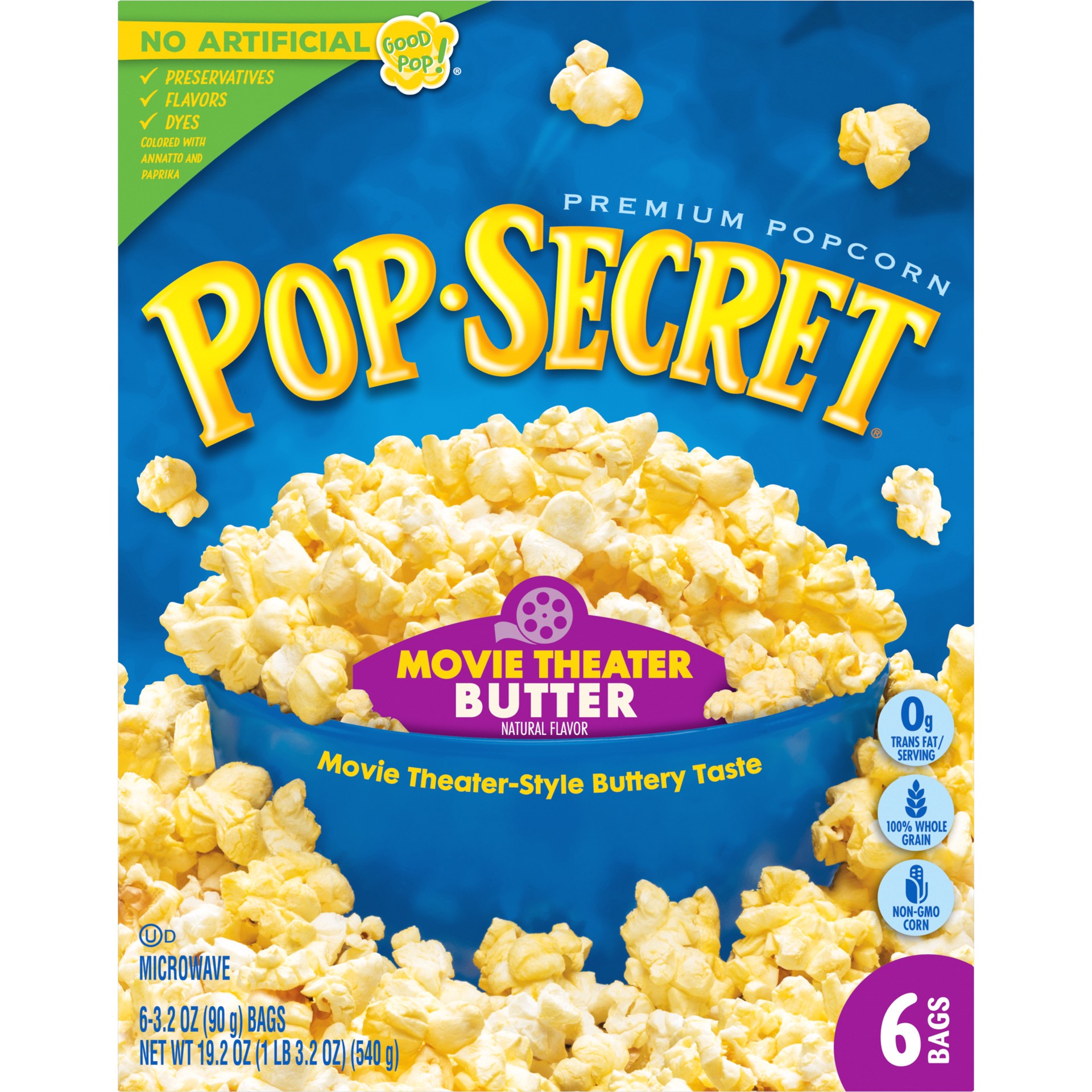 slide 2 of 5, Pop-Secret Microwave Popcorn, Movie Theater Butter Flavor, 3.2 Oz Sharing Bags, 6 Ct, 19.2 oz