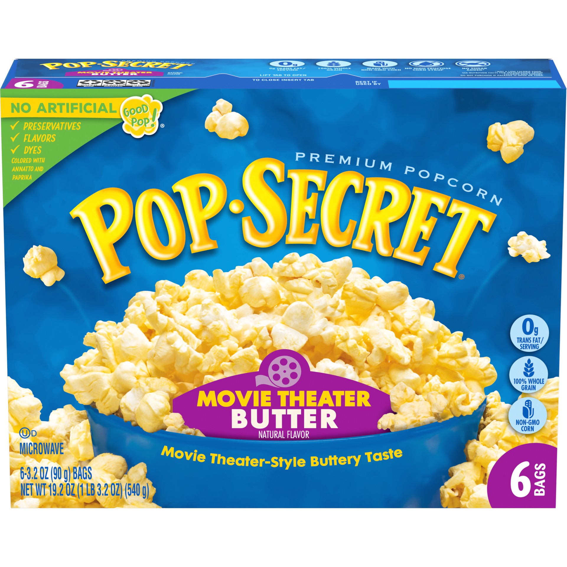 slide 1 of 5, Pop-Secret Microwave Popcorn, Movie Theater Butter Flavor, 3.2 Oz Sharing Bags, 6 Ct, 19.2 oz