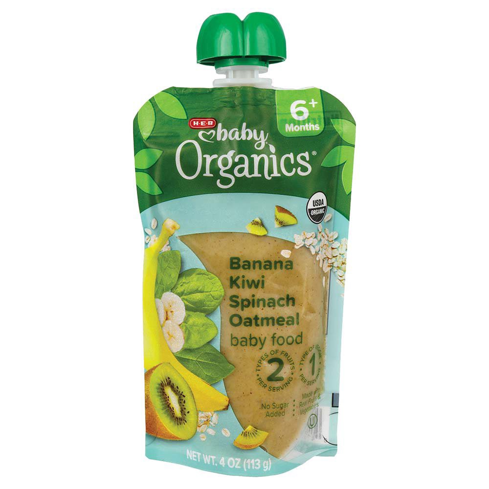 slide 1 of 1, H-E-B Baby Organics Food Pouch – Banana Kiwi Spinach Oatmeal, 4 oz