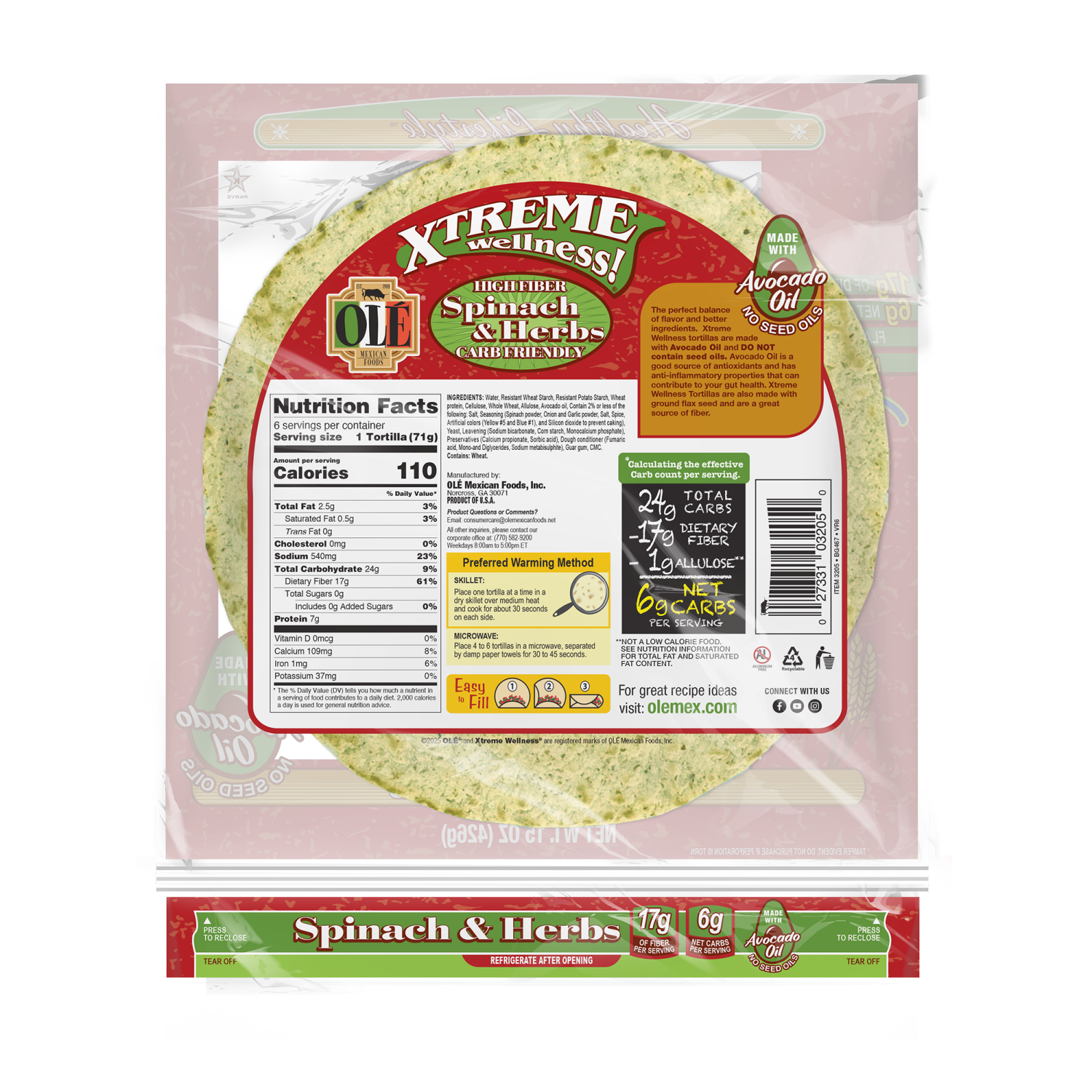 slide 2 of 5, Olé Mexican Foods Olé Xtreme Wellness Spinach & Herbs, 10" Tortillas, Keto Friendly, 6 ct