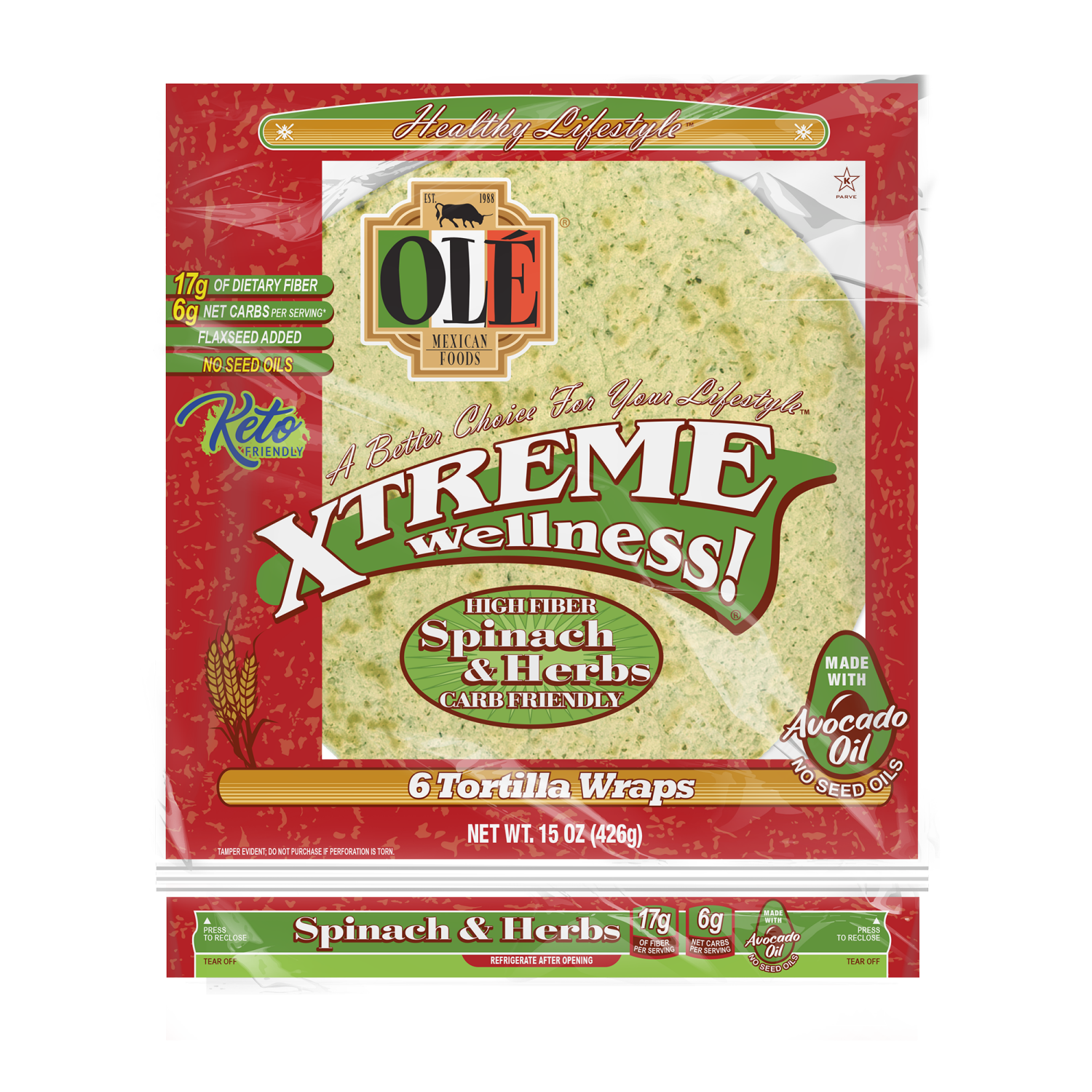 slide 1 of 5, Olé Mexican Foods Olé Xtreme Wellness Spinach & Herbs, 10" Tortillas, Keto Friendly, 6 ct