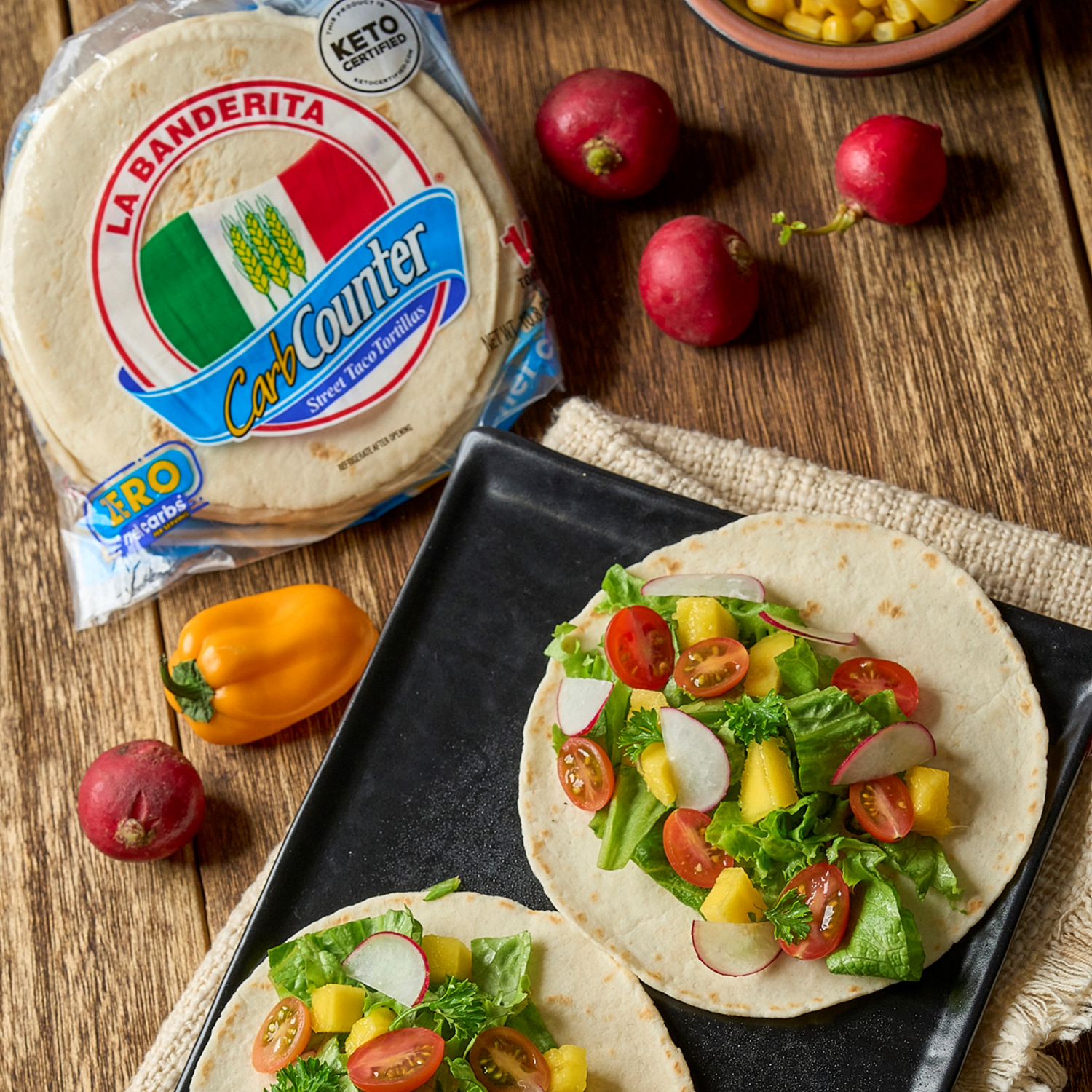 slide 5 of 5, La Banderita Carb Counter Street Taco, 4.5" Tortilla, Keto Certified, 14 ct