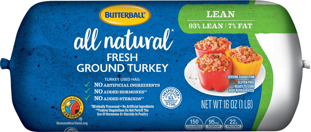 slide 4 of 9, Butterball All Natural Fresh Ground Turkey, 93%/7%, 1 Roll, 16 oz