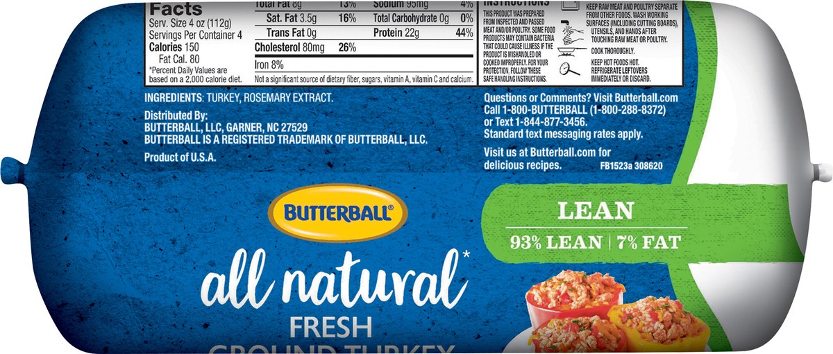 slide 5 of 9, Butterball All Natural Fresh Ground Turkey, 93%/7%, 1 Roll, 16 oz