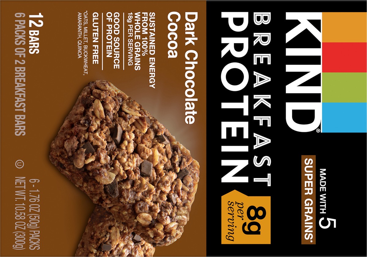 slide 3 of 9, KIND Breakfast Gluten Free Dark Chocolate Cocoa Protein Snack Bars, 1.76 oz, 12 Count, 10.6 oz