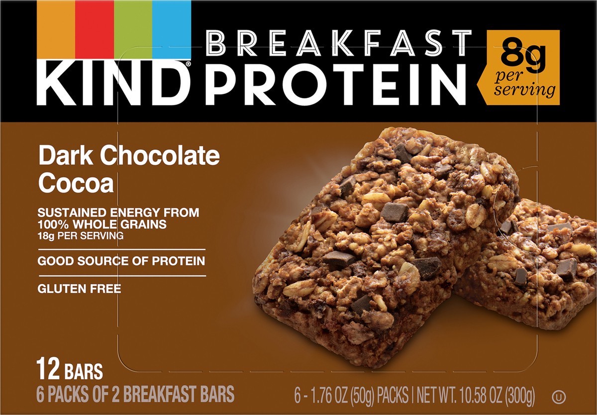 slide 6 of 9, KIND Breakfast Gluten Free Dark Chocolate Cocoa Protein Snack Bars, 1.76 oz, 12 Count, 10.6 oz