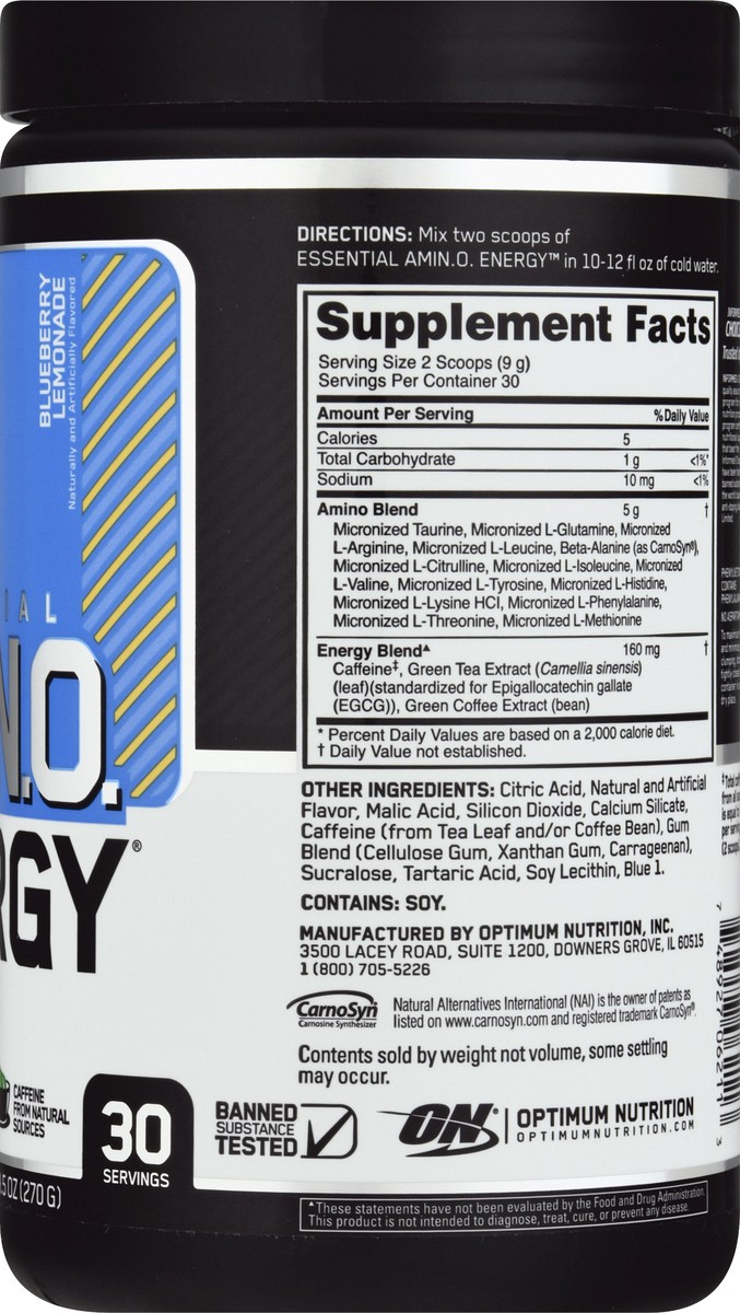 slide 11 of 12, Optimum Nutrition Essential Blueberry Lemonade Amino Energy 9.5 oz, 9.5 oz