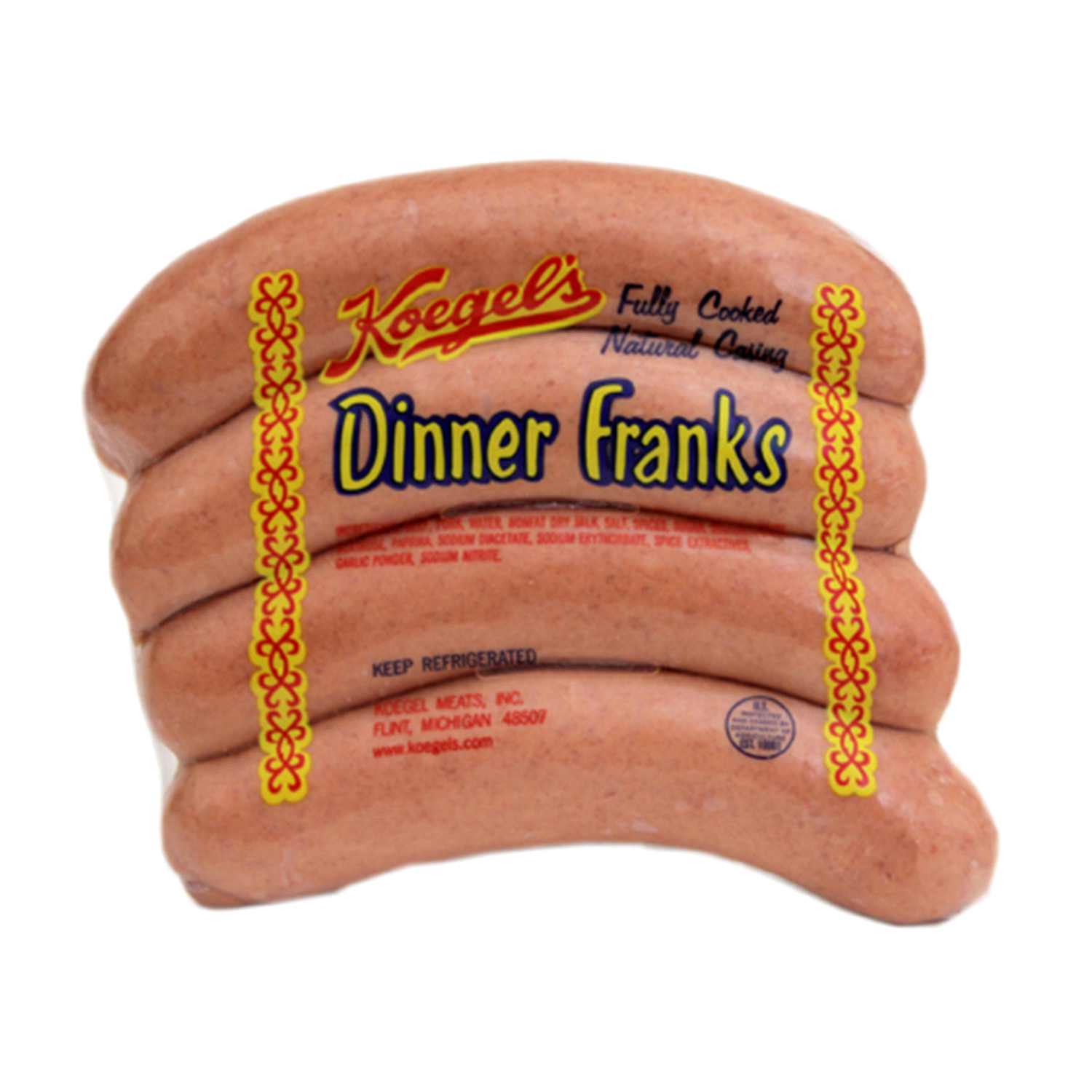 slide 1 of 1, KOEGELS Koegel's Dinner Franks Hot Dogs Natural Casing, 4 ct, per lb