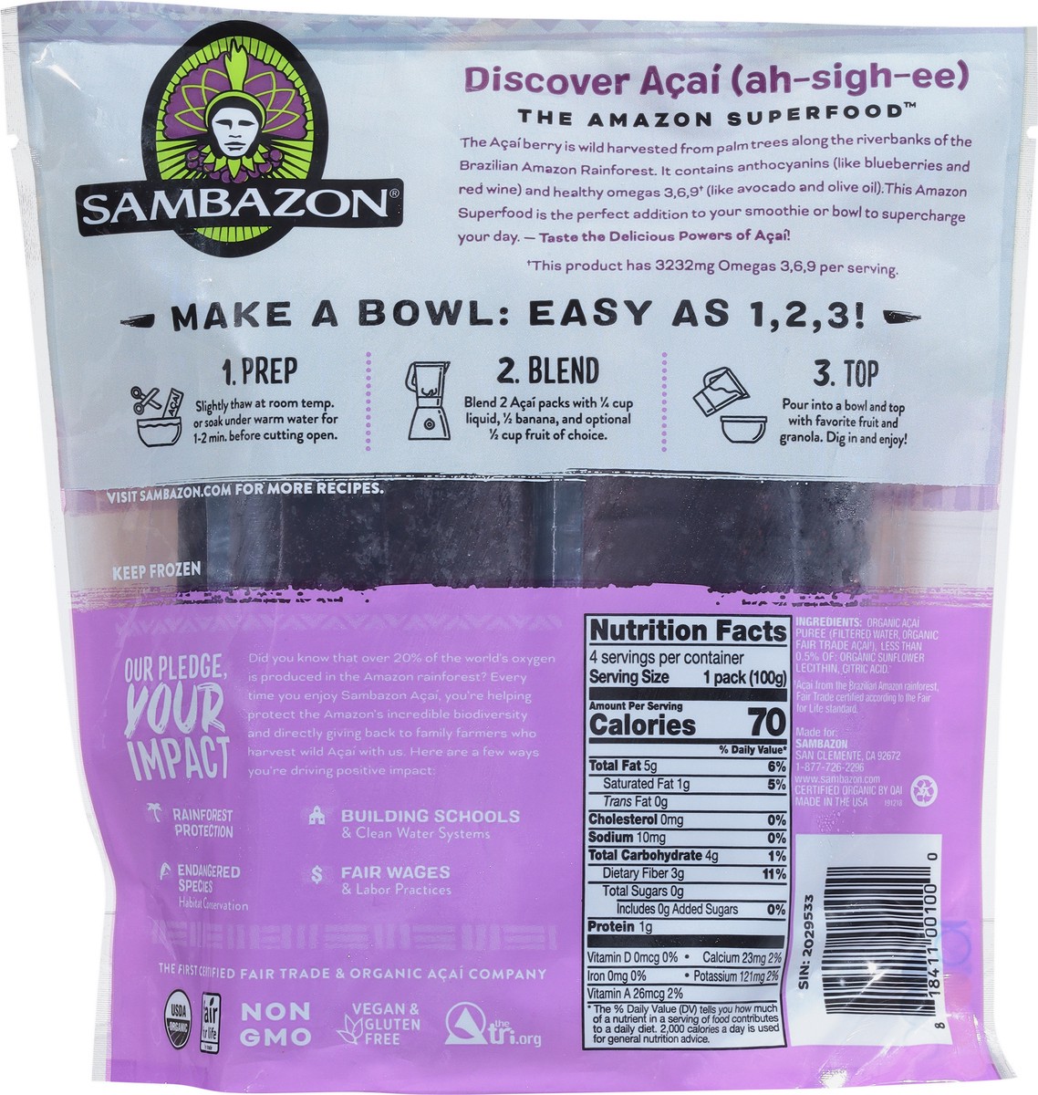 slide 5 of 9, Sambazon Zero Sugar Acai Superfruit Packs 4 - 100 g Pouches, 4 ct; 100 gram