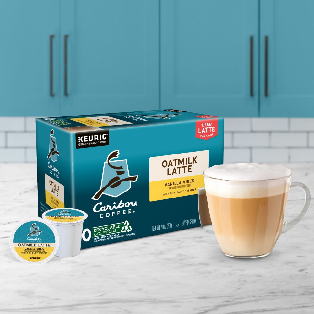 slide 3 of 6, Caribou Coffee One Step Vanilla Vibes Oatmilk Latte Medium Roast K-Cup Coffee Pods, 10 ct