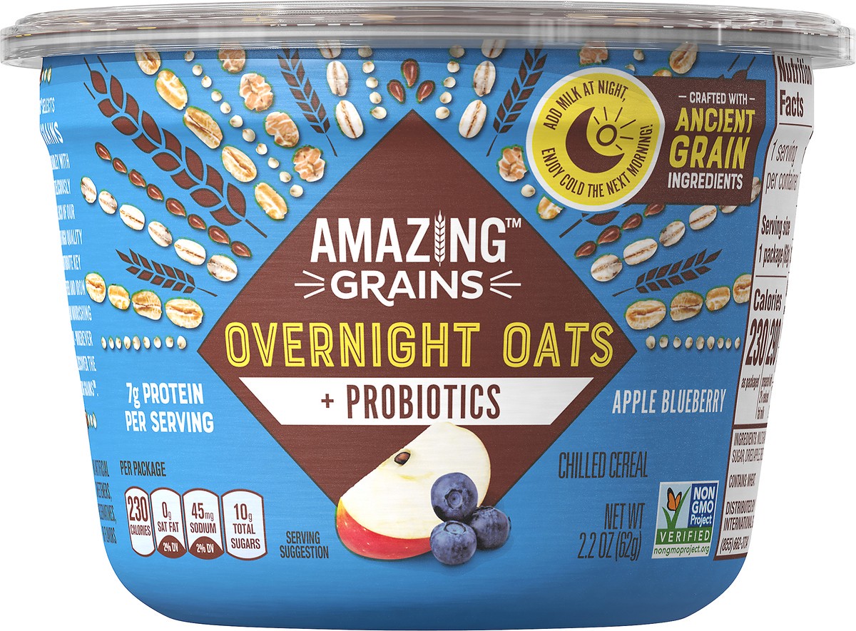 slide 5 of 13, Amazing Grains Apple Blueberry Overnight Oats with Probiotics, 2.2 oz Cup, 62 g