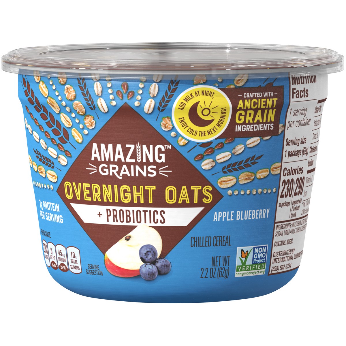 slide 9 of 13, Amazing Grains Apple Blueberry Overnight Oats with Probiotics, 2.2 oz Cup, 62 g