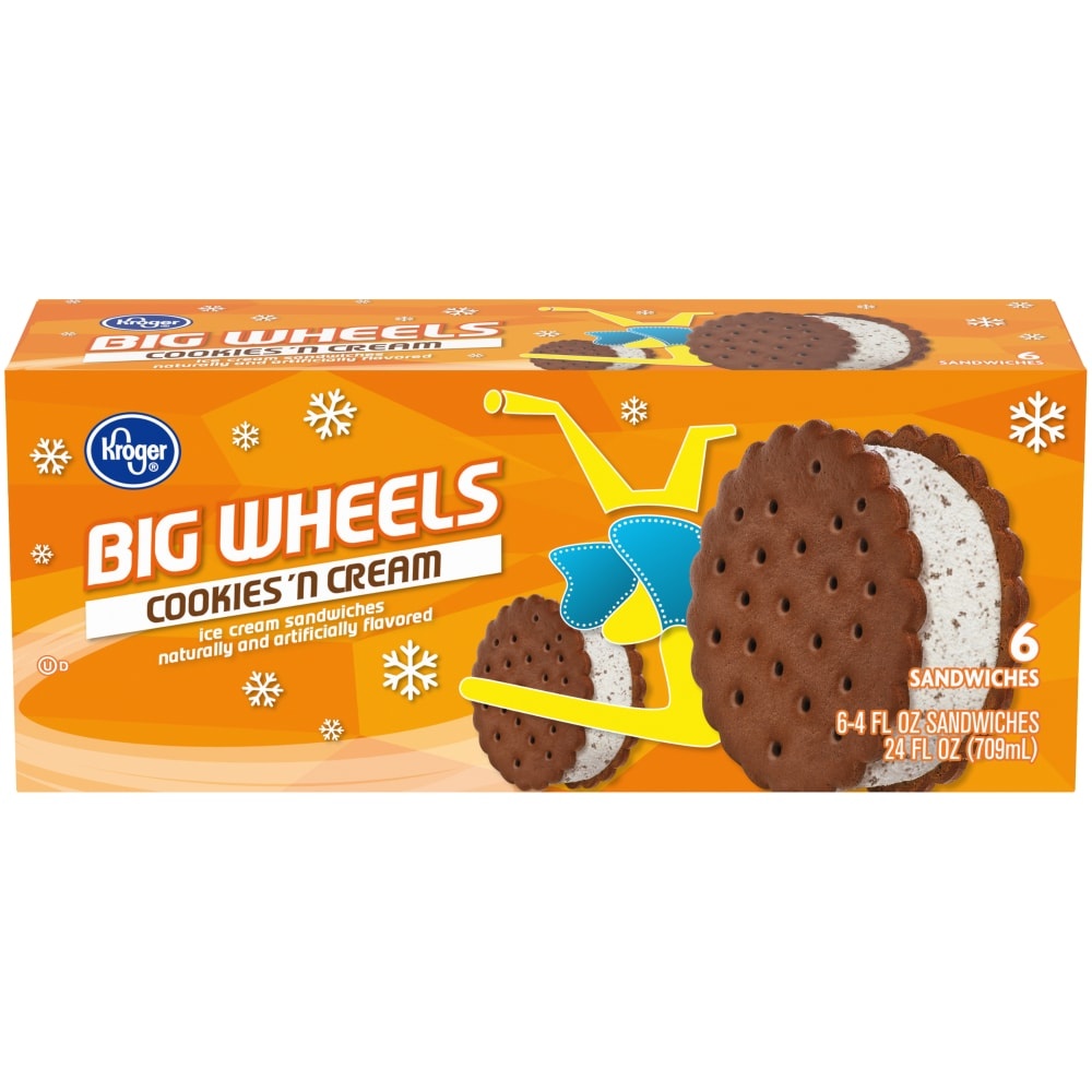 slide 1 of 1, Kroger Big Wheels Cookies N' Cream Ice Cream Sandwiches, 6 ct; 4 fl oz